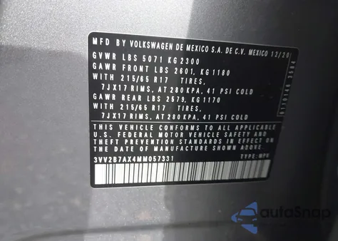 2021 Volkswagen Tiguan 2.0T Se/2.0T Se R-Line Black/2.0T Sel из США, поврежденный, VIN 3VV2B7AX4MM057331